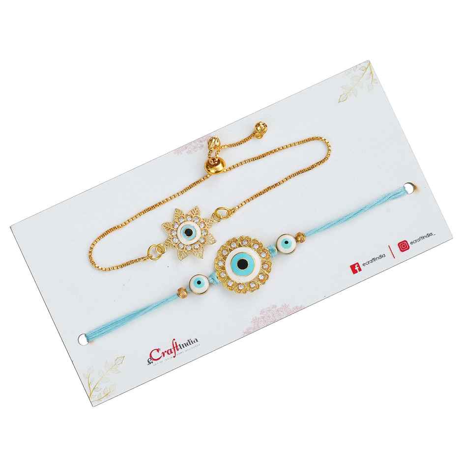 Bhaiya Bhabhi Bracelet Rakhi | Floral Evil Eye Designer | Includes Roli Chawal | Pack of 2 | Ecraftindia