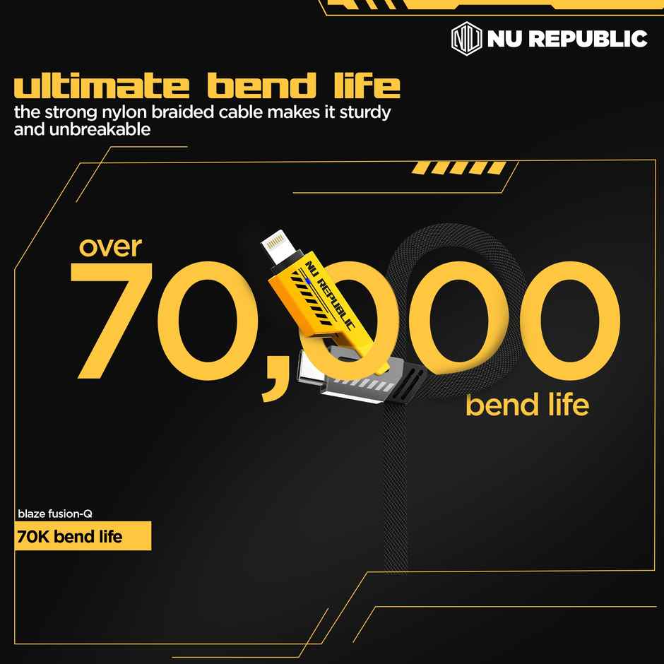Nu Republic Fusion-Q 65W USB-A to Type-C to Type-C | Type-L 1.2m Fast Data Charging Cable | Black