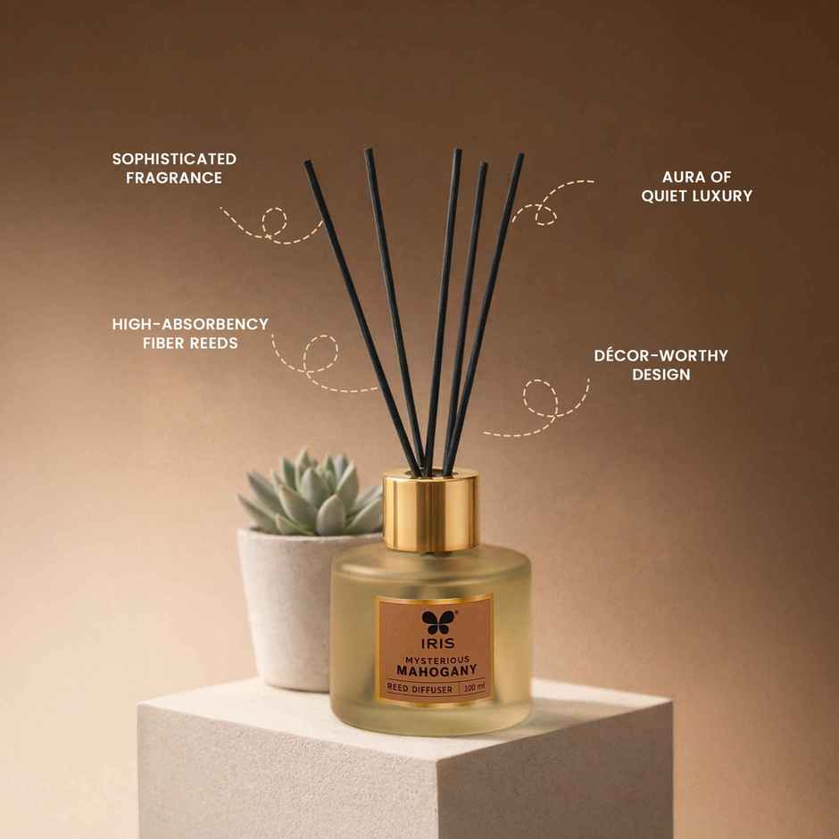 IRIS Mysterious Mahagony Frosted Glass Reed Diffuser Set | Oil and 5 Fibre Reed sticks