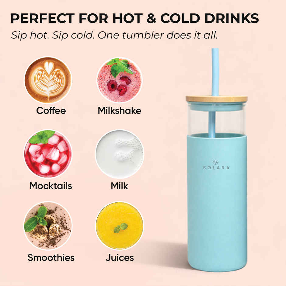 Solara Blue Breeze Glass Tumbler | 500 ml | Bamboo Lid, Silicone Straw & Silicone Sleeve | For Coffee