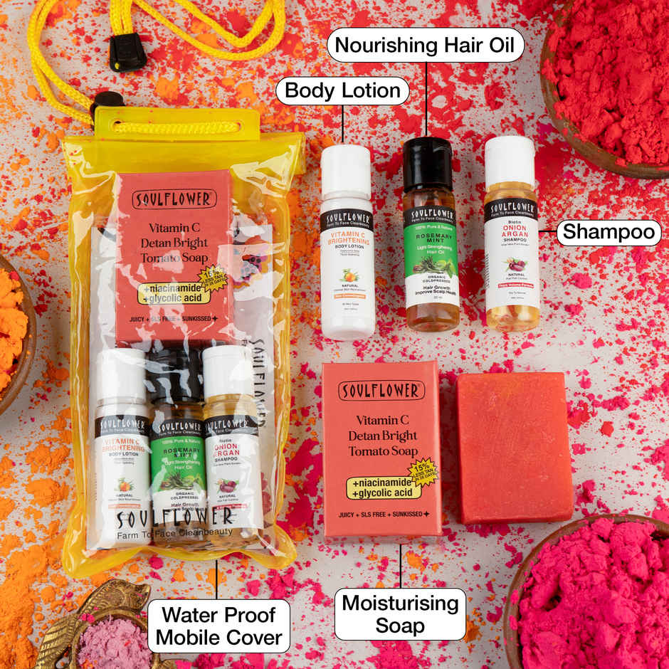 Soulflower Travel Kit | Nourishing Hair Oil, Shampoo, Soap, Body Lotion, Waterproof Mobile Pouch