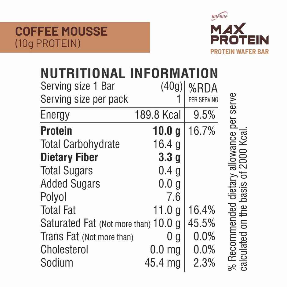 RiteBite Max Protein Coffee Mousse 10g Protein Millet Wafer Bar