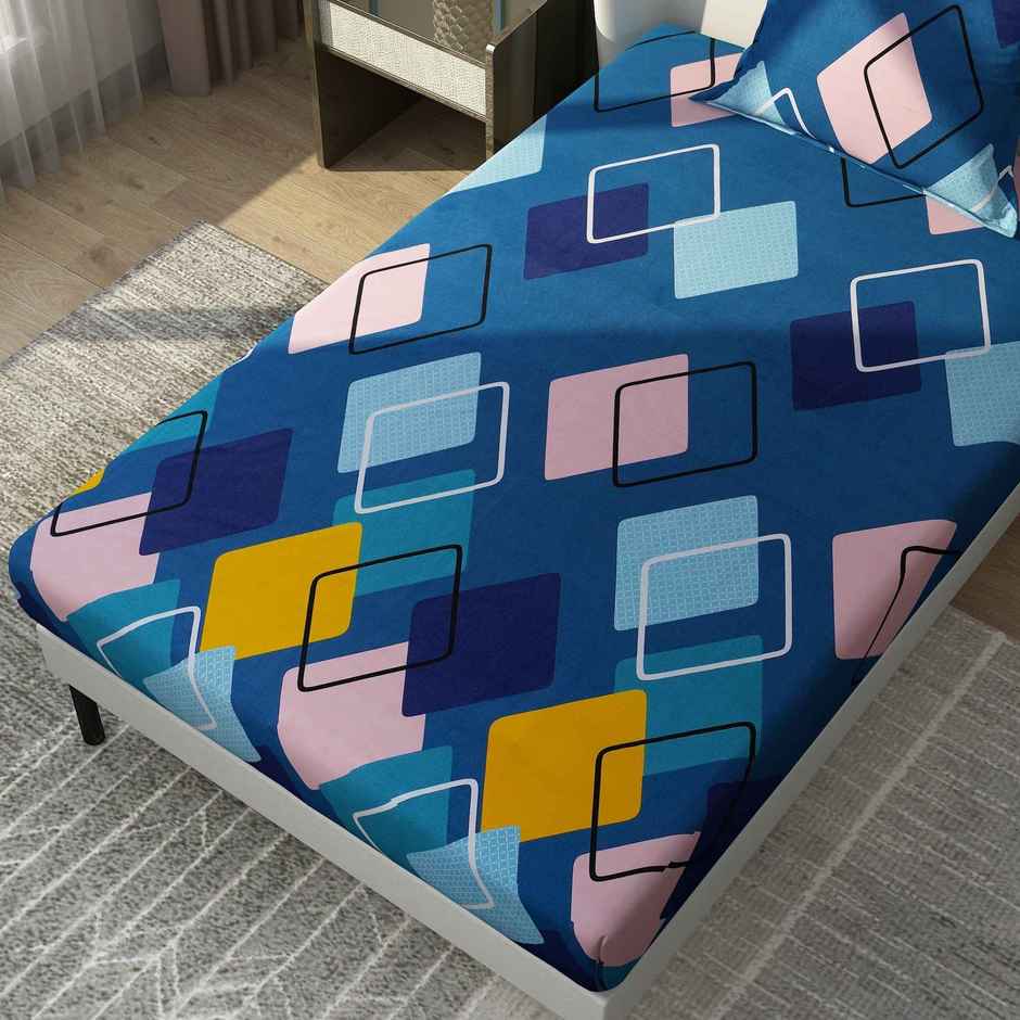 Dream Care Single Microfiber 125 TC Geometric Flat Bedsheet | Pack of 1 | Blue | 60 x 88 in