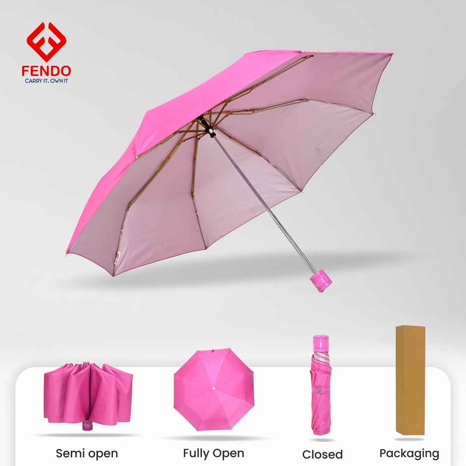 Fendo Aura 3 Fold Hand Open 21.5 Inch Sun & Rainproof Regular Umbrella For Men & Women | Rani Pink