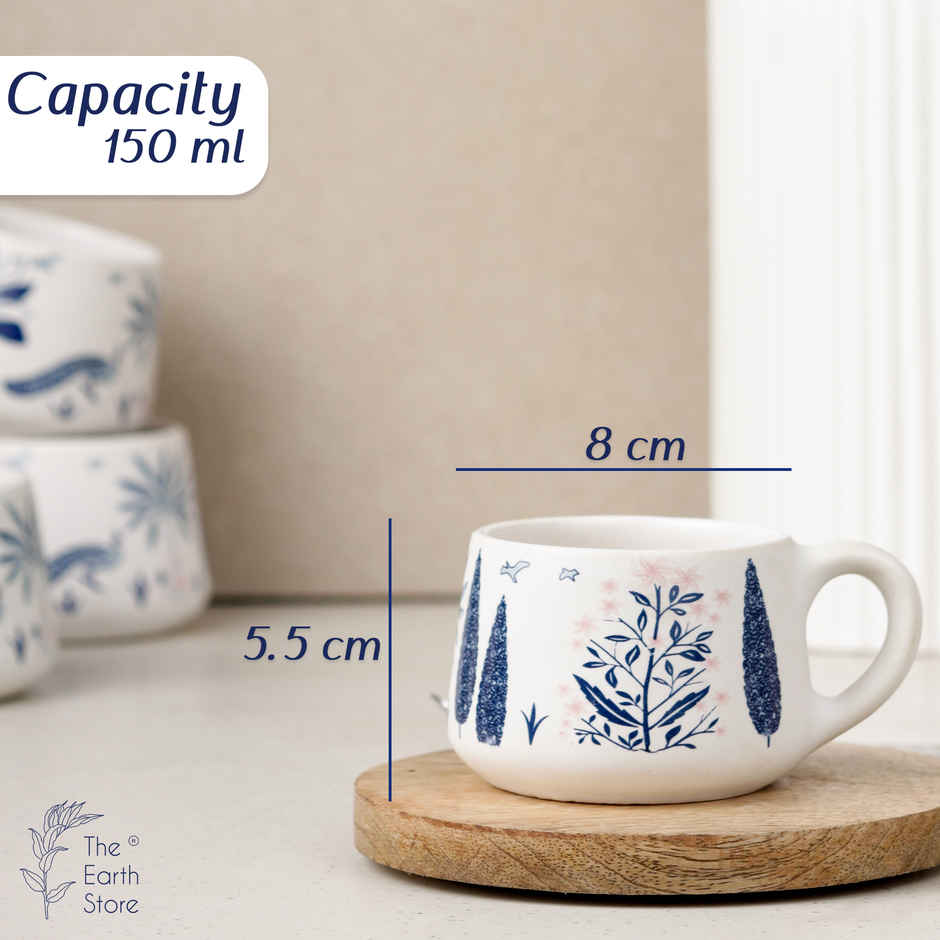 The Earth Store Blue Peafowl Ceramic Tea Cup | 150 ml Each Microwave Oven Safe Coffee Cups