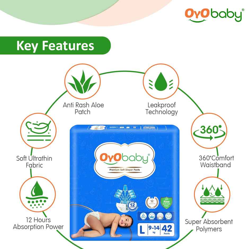 Oyo Baby Long Lasting Dry Night Diaper Pants, Size 9-14 Kg Baby Pack Of 2