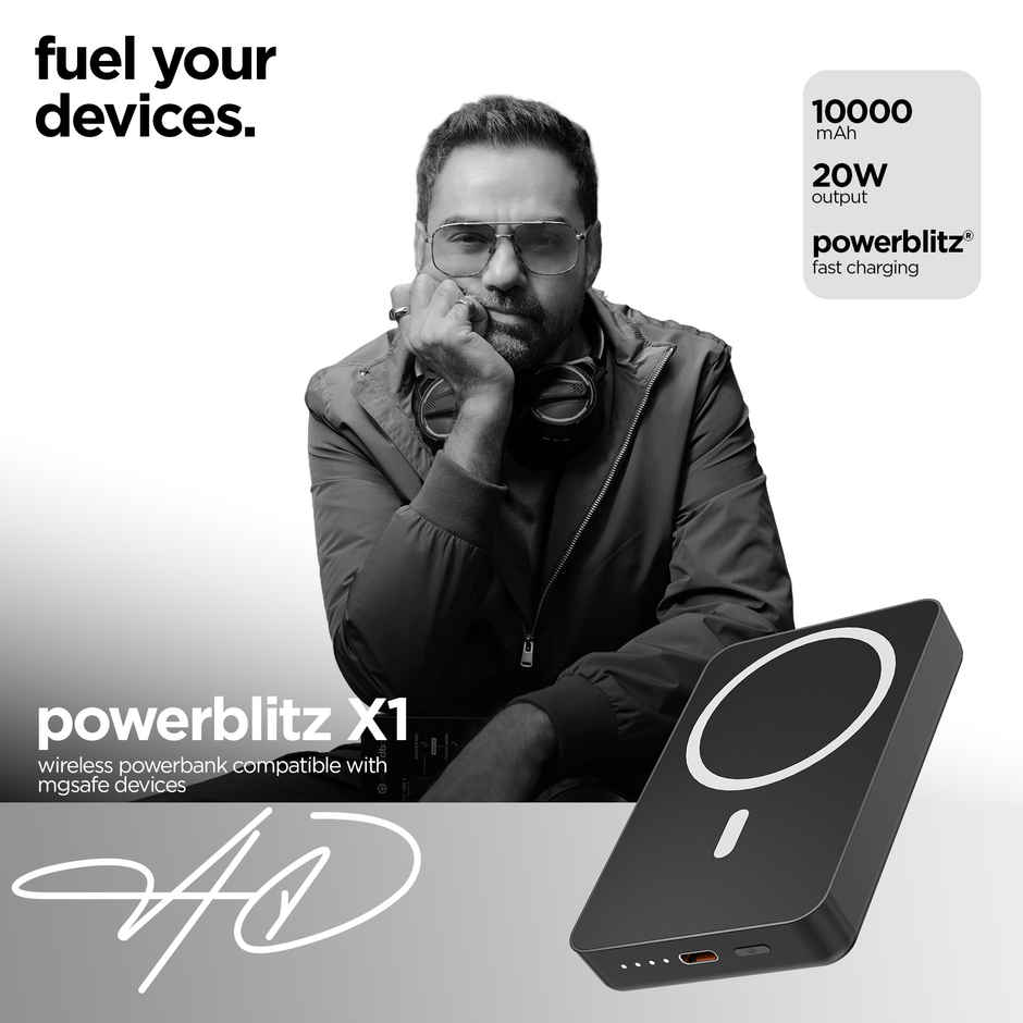 Dubstep Powerblitz X1 10,000 mAh 20W 12W Fast Charging Wired & Wireless Charging Compact Pocket Size Power Bank with Type-C to Type-C Cable - Black 