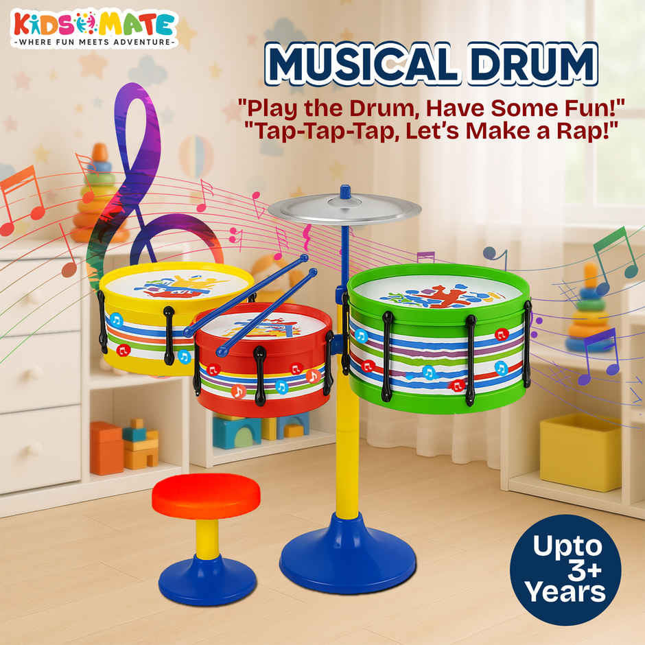 Kidsmate Lil Beats Drum Set for Kids| 3 Drums, 1 Cymbal, Drumsticks & Stool | Multicolor