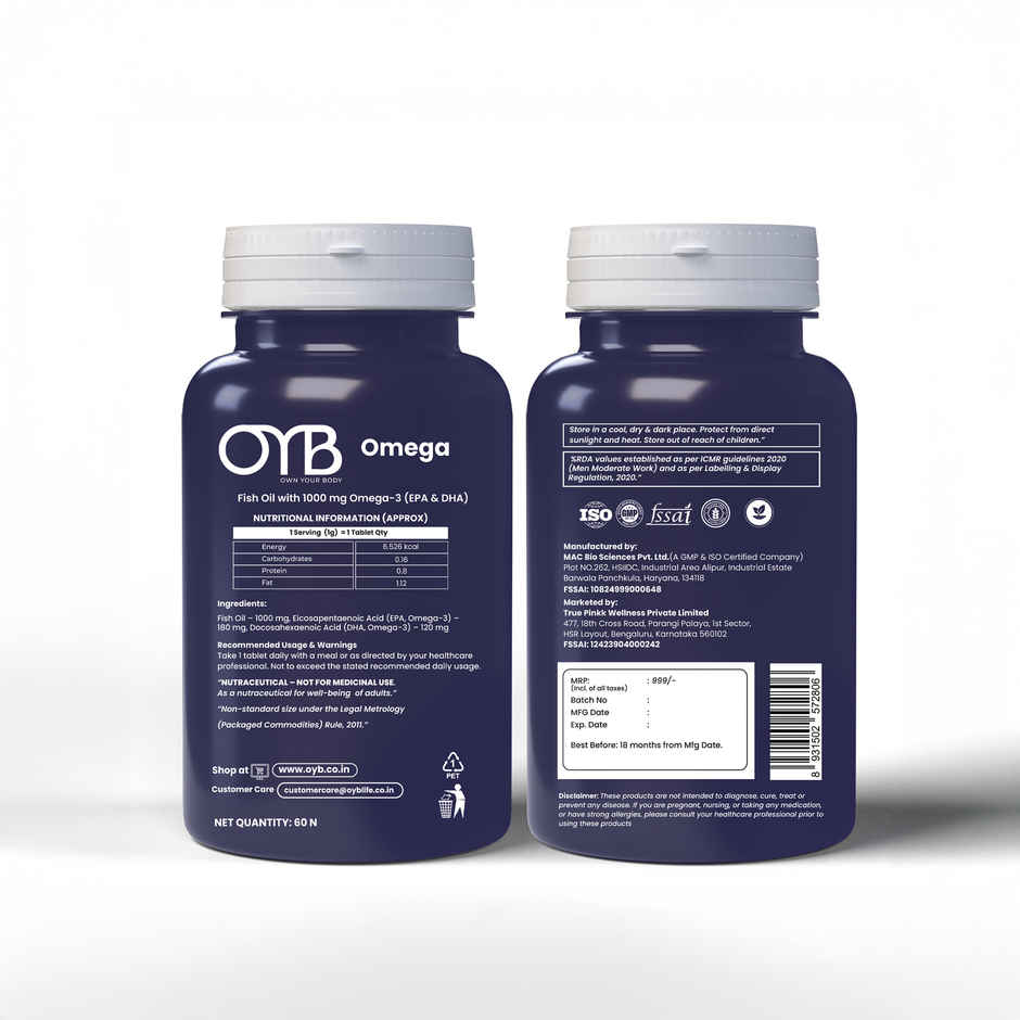 OYB Omega Fish Oil with 1000 mg Omega-3 (EPA & DHA) | 60 Softgels | OYB Omega