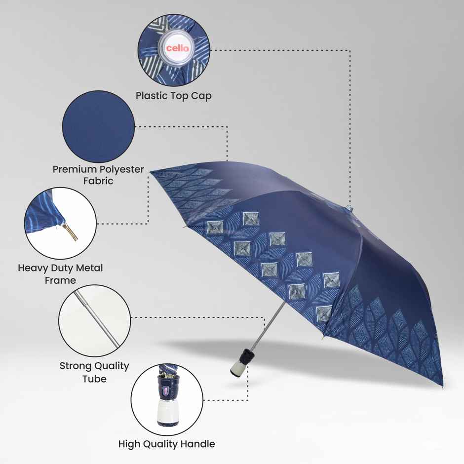 Cello Megha 21 Inch 2 Fold Mix Print Umbrella | Silver Navy Blue