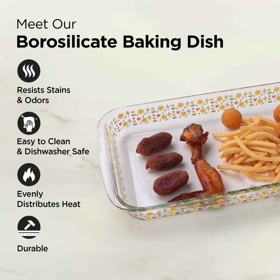 Umai 2200 ml Borosilicate Printed Glass Baking Tray | Transparent Microwave Oven Safe Utensils