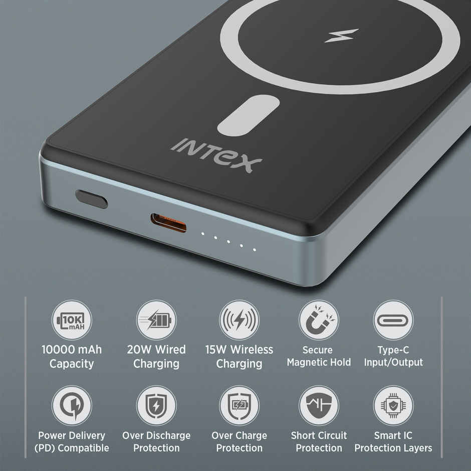 Intex 10000 mAh 15 W Wired & Wireless With MagSafe Pocket Size Power Bank(Lithium Polymer, Fast Charging for Mobile) - Black