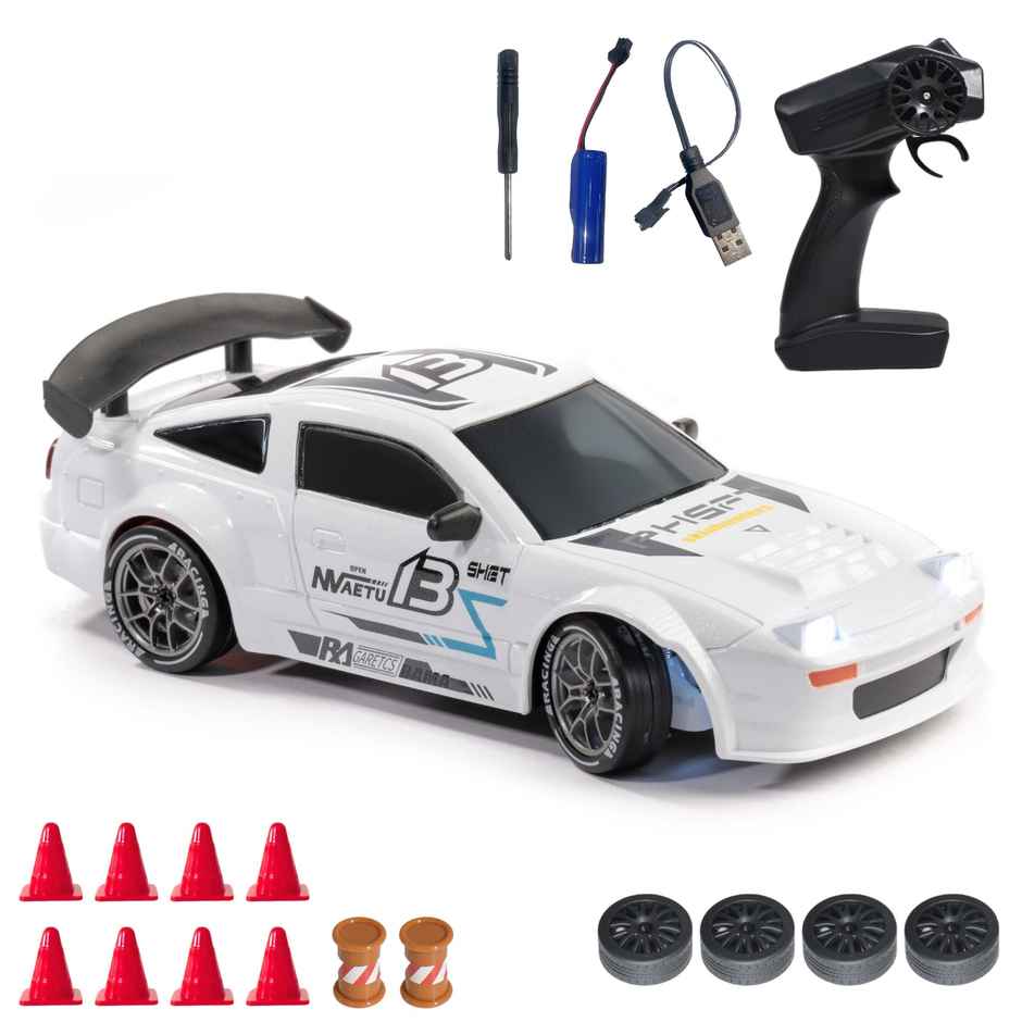 RC Drift Car with 4 extra wheels, 20kmph & Boost Mode | Flare - Track White
