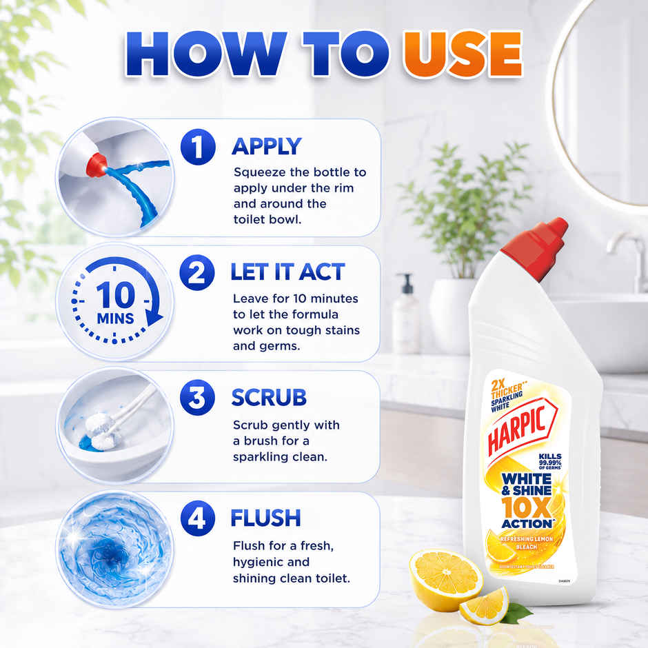 Harpic White and Shine Disinfectant Toilet Cleaner Bleach Liquid, Refreshing Lemon