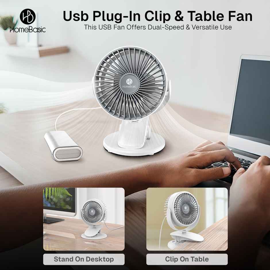 Homebasic USB Portable Mini Table Fan, 2-in-1 Clip & Desk Fan, White