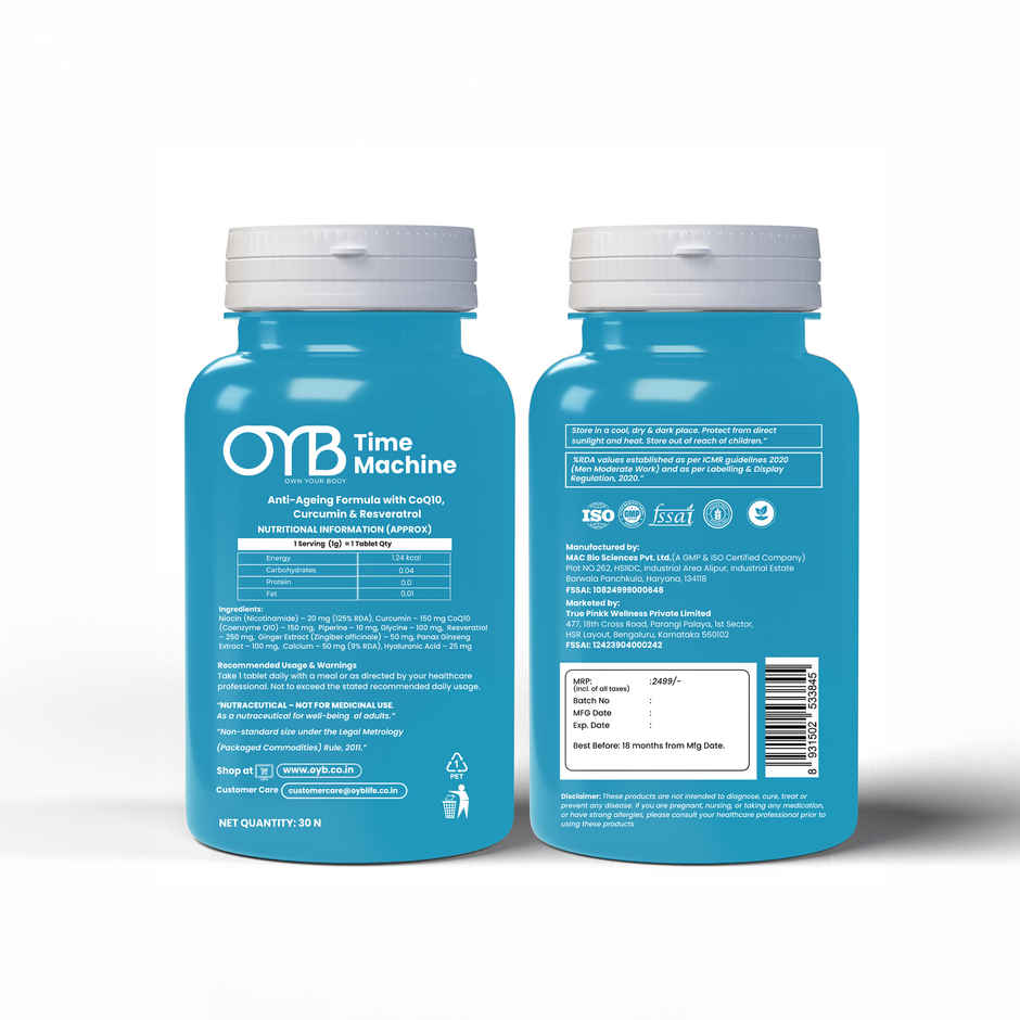 OYB Anti-Ageing Formula with CoQ10, Curcumin & Resveratrol | 30 Tablets | OYB Time-Machine
