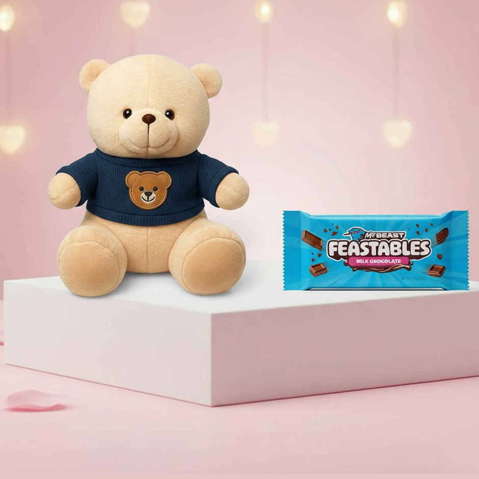 Fablue Teddy Bear Plush Soft Toy Animal  - 27 Cm (1pc) & Mr Beast Feastables Milk Chocolate (35g) Combo