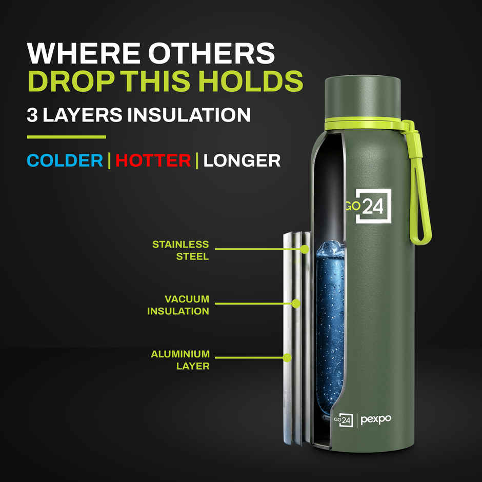 Go24 | Pexpo Bravo Hot & Cold ISI Certified Insulated Thermosteel Water Bottle | Military Green | 1 L