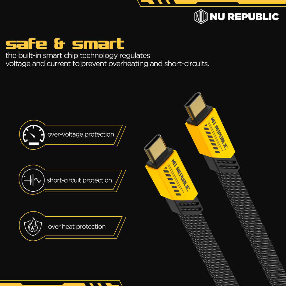 Nu Republic Blaze Fusion 120W 1.2 M Type-C To Type-C Fast Charge Carbon Fibre Texture Braided Cable (Compatible With Mobile, Tablet, Laptop, Speakers)1.2M - Yellow & Black
