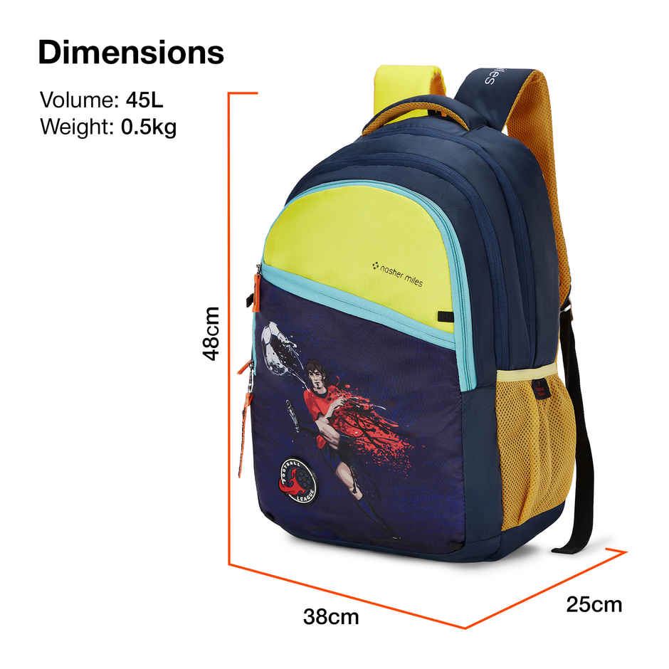 Nasher Miles Football Strike Backpack- Unisex- 3 Compartment College Bag- Navy Blue- 45L