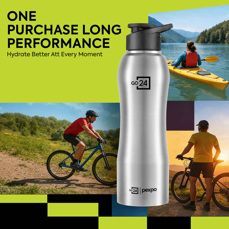 Go24 | Pexpo Bistro 1000 ml Sports And Hiking Stainless Steel Water Bottle (Pack Of 1 Silver Steel)
