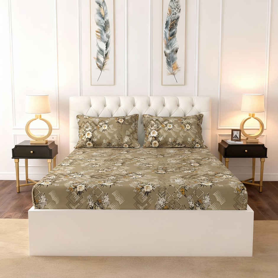Raymond Home 120 GSM Hazel Floral Double Bedsheet with 2 Pillow Covers Beige
