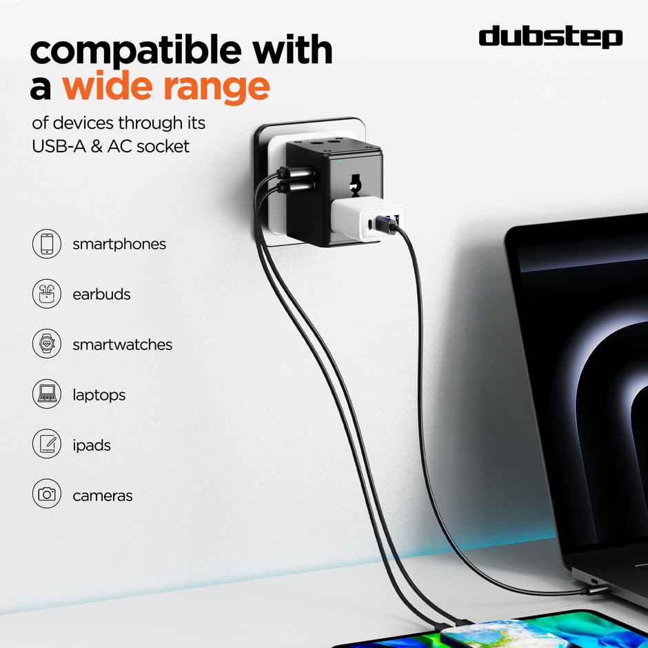 Dubstep Voyager 12W Universal Travel Adaptor, All in One Worldwide Travel Adapter and Wall Charger with Dual USB-A Ports & Power Led Light, 200+ Countries Compatible - Black