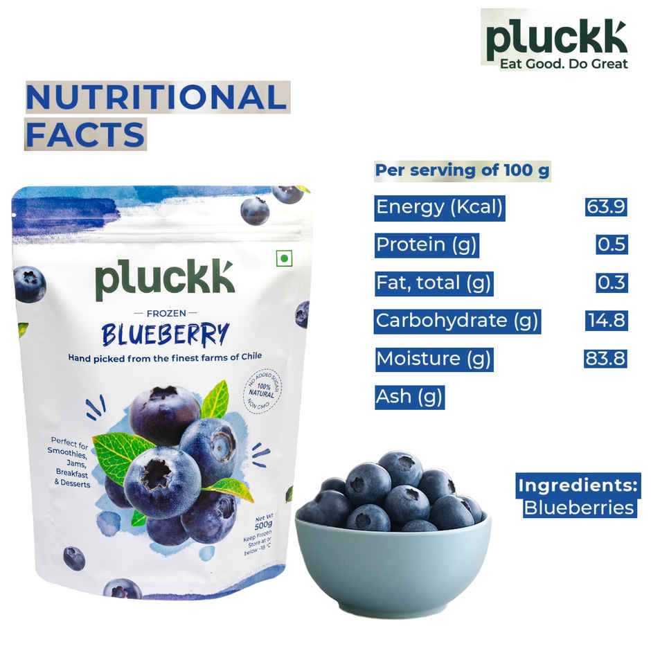 Pluckk Fresh Frozen Blueberry Imported Natural Non Gmo Antioxidant Rich Superfood Snack