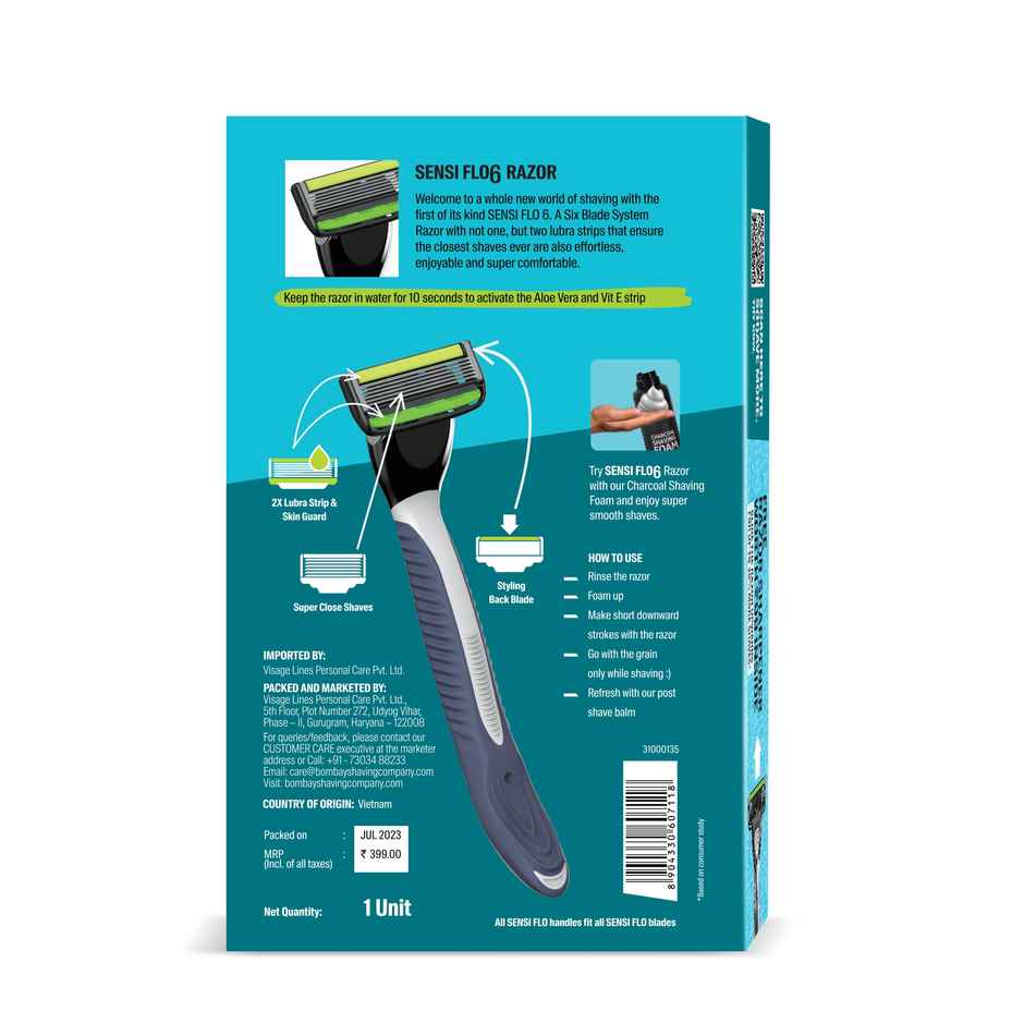 Bombay Shaving Company Sensiflo 6 Razor For Men With Aloe And Vit E Strip, 6-Blade Sensitive Razor