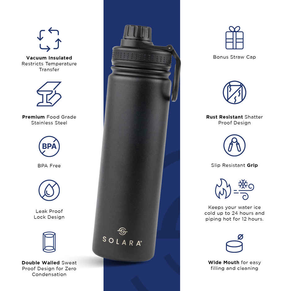 Solara Stainless Steel Insulated Water Bottle for Travel, Office, School, Gym | Black | 650 ml