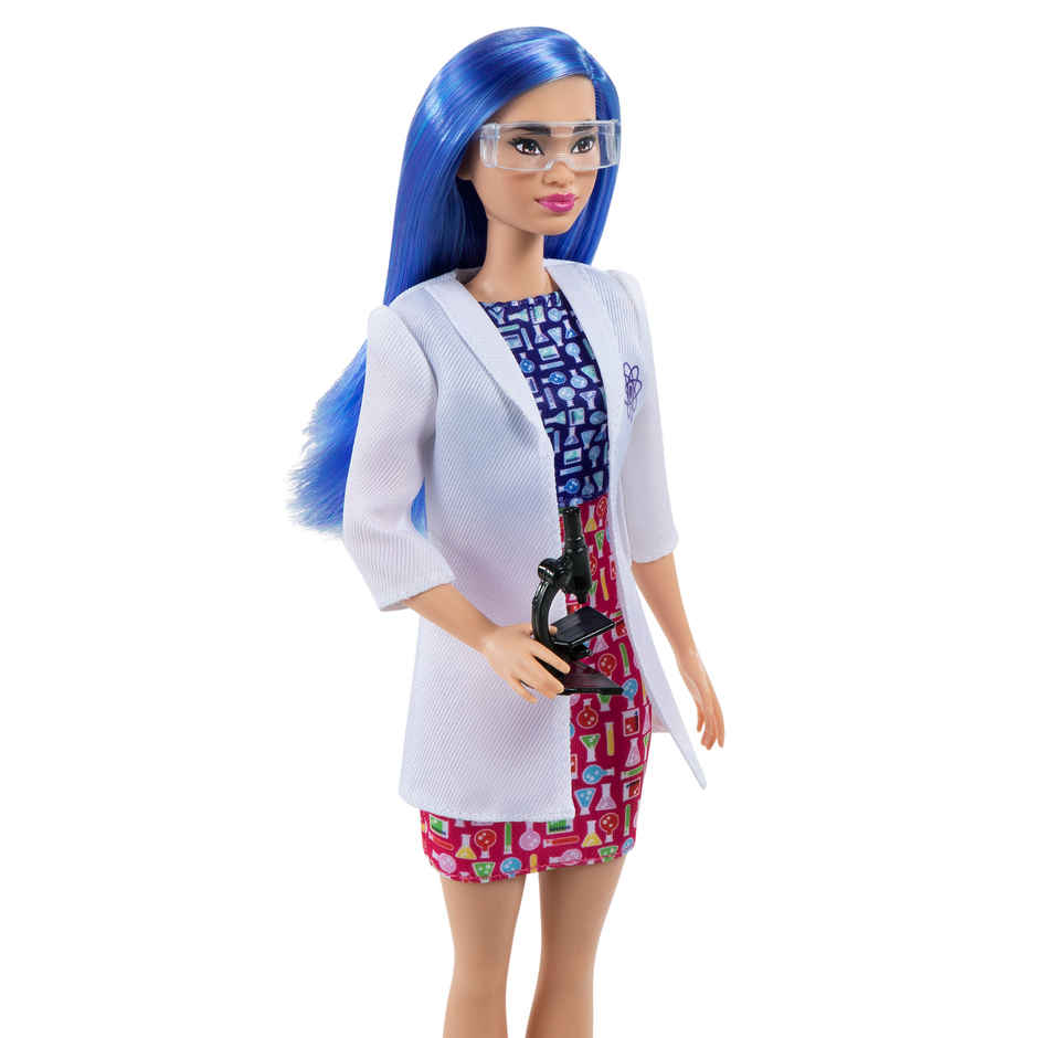 Barbie Scientist Doll Blue Hair | Color Block Dress| Lab Coat | Flats | Microscope Accessory