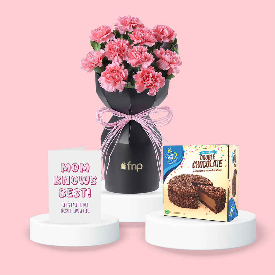 Cream Bell Double Chocolate Ice Cream Cake (500ml) & Fnp Mother'S Day 10 Carnation Bouquet (1pc) & Happy Mail Mom Knows Best Card (1pc) Combo