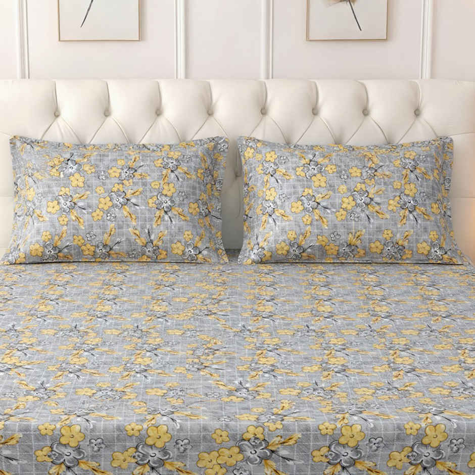 Raymond Home 120 GSM Hazel Floral Double Bedsheet with 2 Pillow Covers Grey