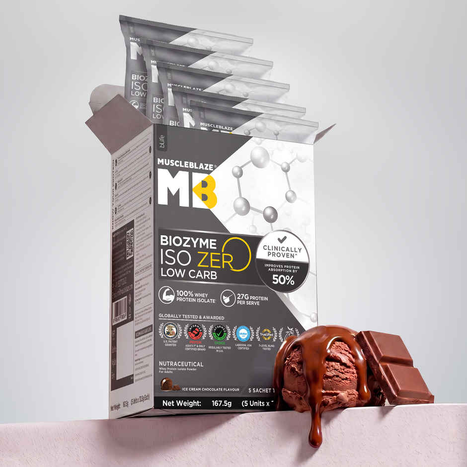 MuscleBlaze Biozyme Iso Zero Whey Protein Isolate Ice Cream Chocolate 5 Sachet Travel Pack