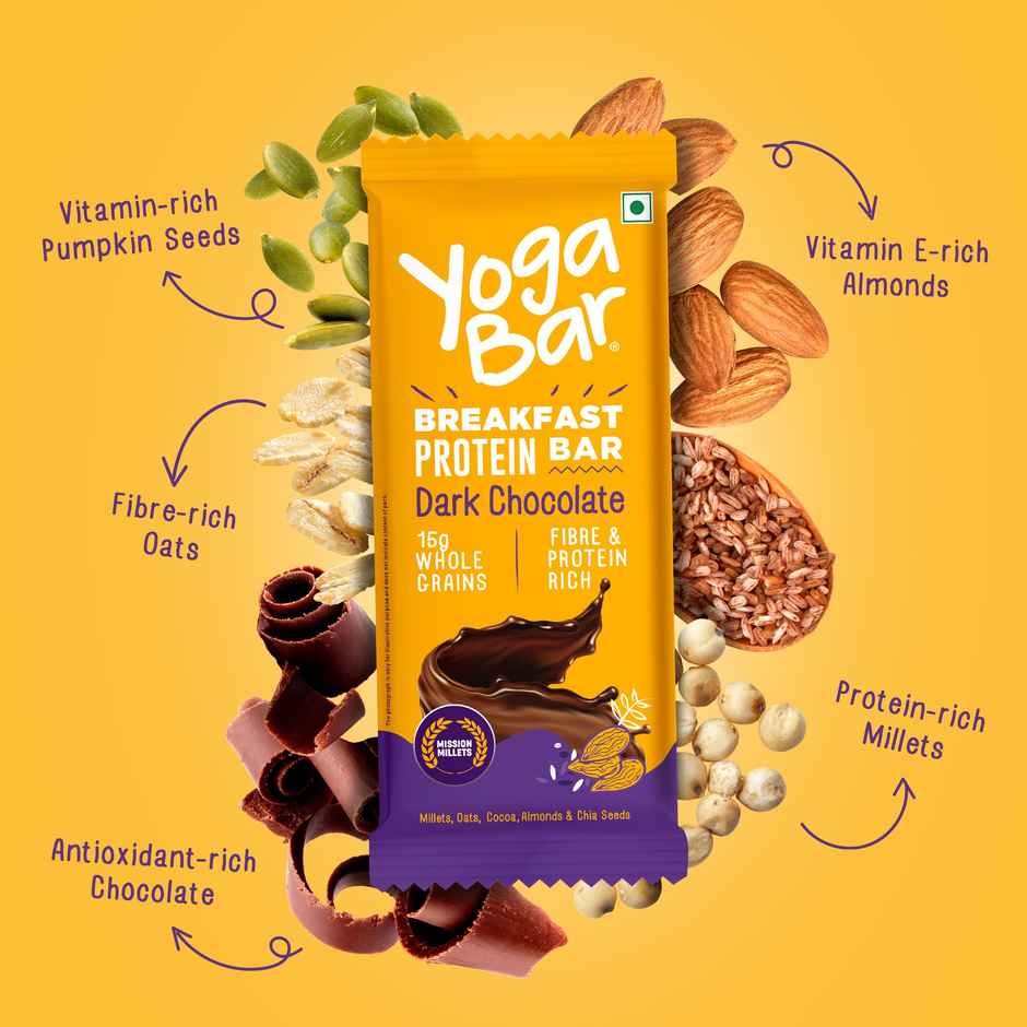 Yoga Bar Breakfast Protein Bar Dark Chocolate, 4g Protein, 17g Whole Grain, Fibre Rich, Millets,Oats