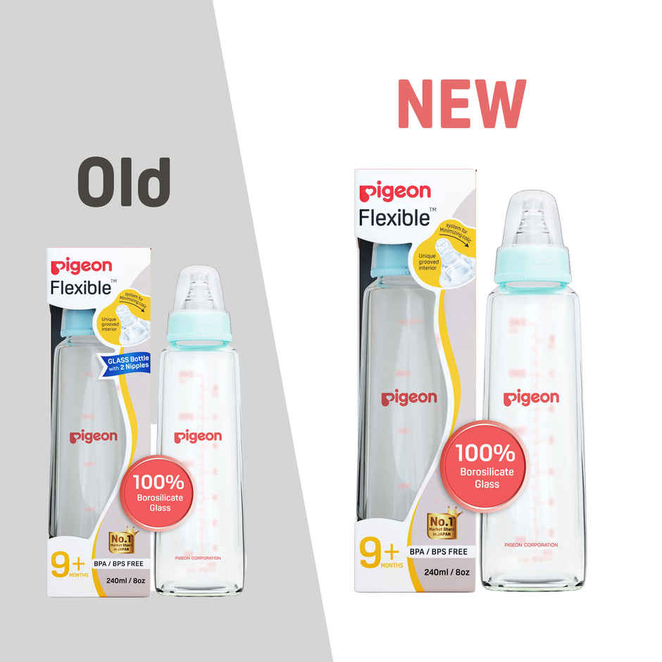 Pigeon Baby Care Glass Feeding Bottle | 240ml | Pale Blue Nipple L