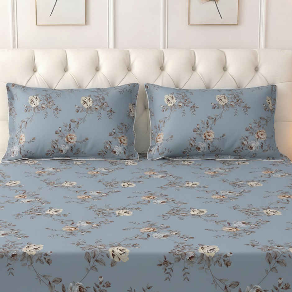 Raymond Home 120 GSM Hazel Floral Double Bedsheet with 2 Pillow Covers Blue
