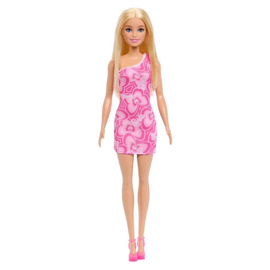 Barbie Fashion Dolls with Variety of Pink Patterned Dresses and Hair Colors