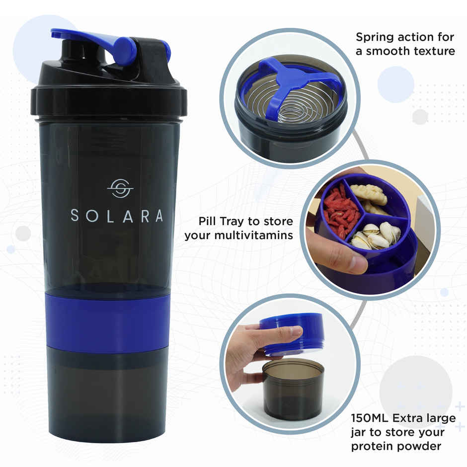 Solara 650 Ml Protein Shaker Bottle For Gym With Two Layer Extra Storage - Black & Blue (1pc) & Lifelong Pvc Hex Dumbbells 2Kg (1Kg X 2) For Home Gym Equipment Fitness Barbell (Pack Of 2) (1pc) Combo
