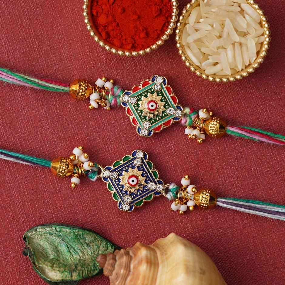 Evil Eye Beads Pearl Rakhi with Roli Chawal Raksha Bandhan Rakhi | Meenakari | Pack of 2 | Ecraftindia