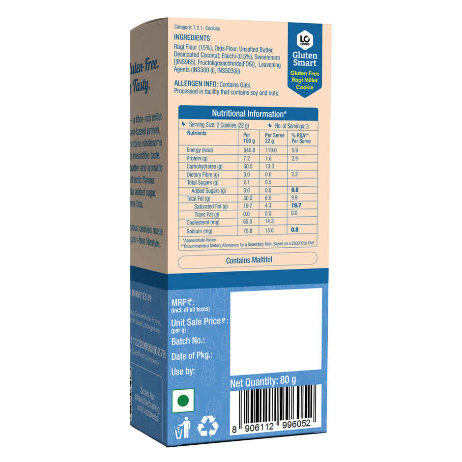 Lo Foods Gluten Free Ragi Oats Cookies | Sugar Free Biscuit ,No Maida Millet