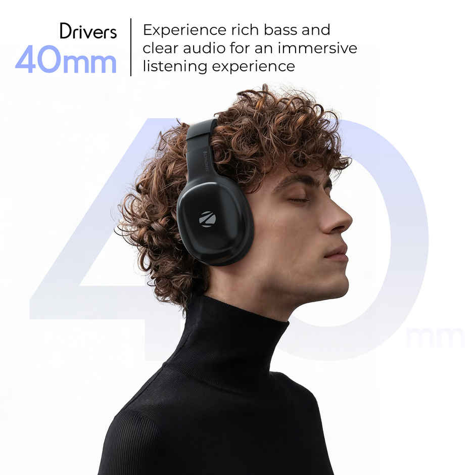 Zebronics Zeb Thunder Pro On-Ear Bluetooth Wireless Headphone With 60 Hrs Playback BT v5.0, 40MM Driver, USB-C Type Charging - Black