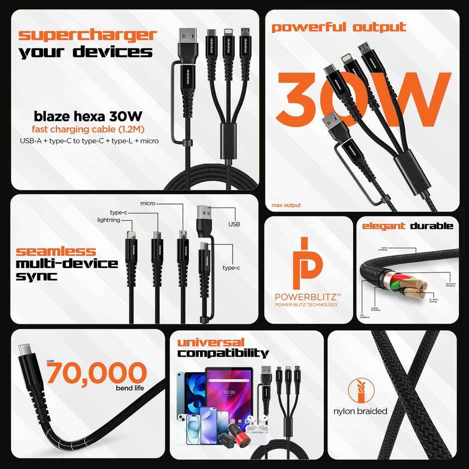 Dubstep Blaze Hexa 30W 6 in 1 USB Cable 1.2m with Changeable USB Head to USB-A to Type-C To Type-C + MicroUSB + Type-L Fast Charging Cable (Compatible with Mobile, Tablet, Laptop, Black, One Cable) - Black