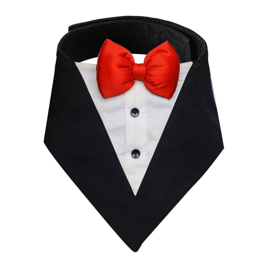 Pawsindia Black and White Tuxedo Bandana with Red Bow For Dogs - L