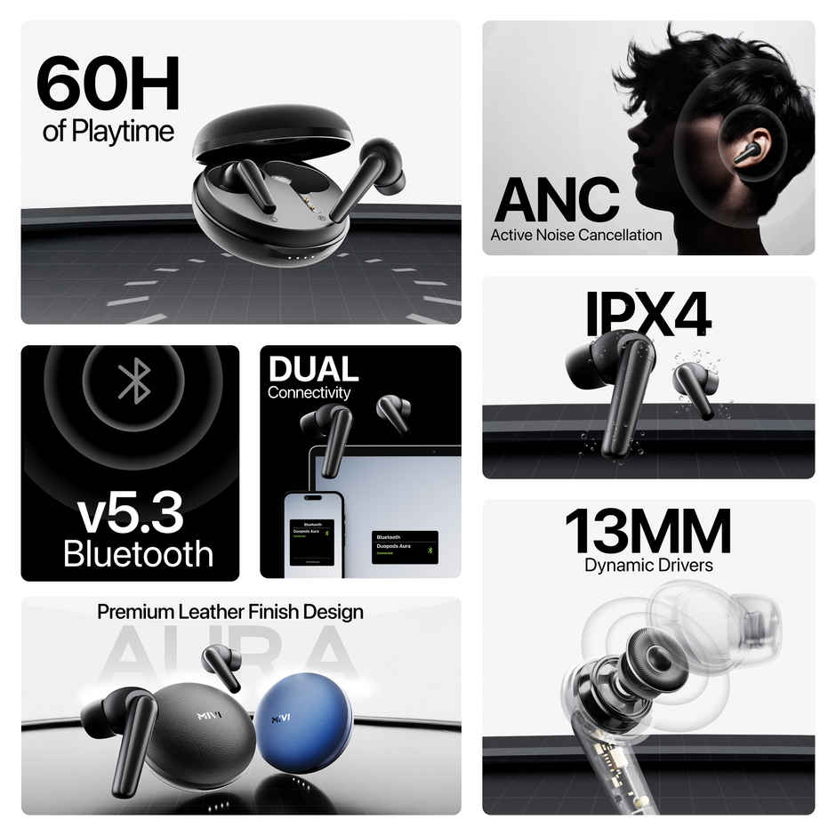 Mivi DuoPods Aura ANC TWS Earbuds | 60H Playtime | Quad Mic | 50ms Gaming | BT v5.3 | IPX4