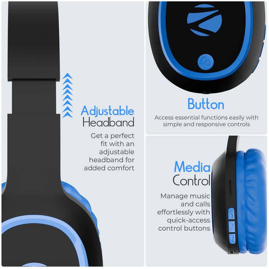 Zebronics Thunder BT 5.3 Headphone, 60H, Gaming Mode, Dual Pairing, ENC, AUX, mSD, Voice Asst(Blue)