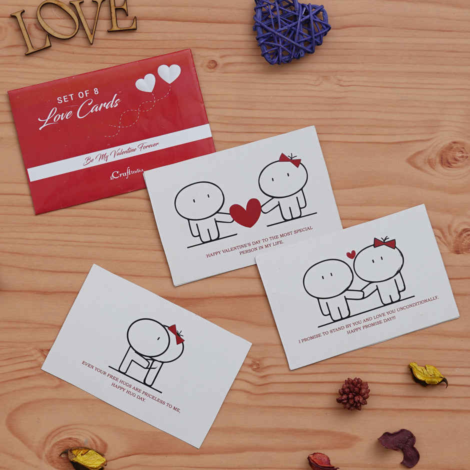 eCraftIndia Set of 8 Love Post Cards Valentine's Day Gift with Heartfelt Greetings | Red & White