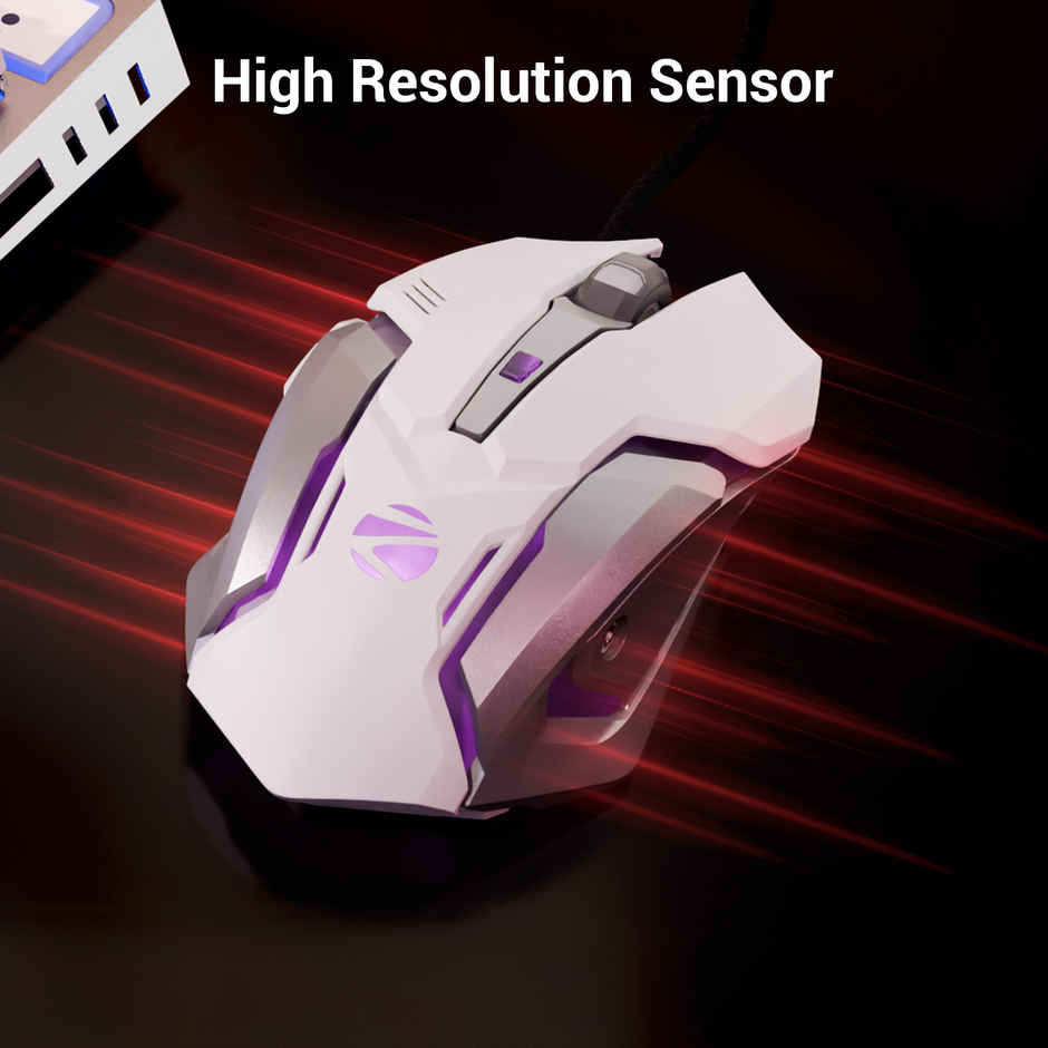 Zebronics Transformer-M Gaming Wired Mouse, 6 Buttons, Multicolor Led Lights,High-Resolution Sensor with max 3600 DPI, and DPI Switch - White