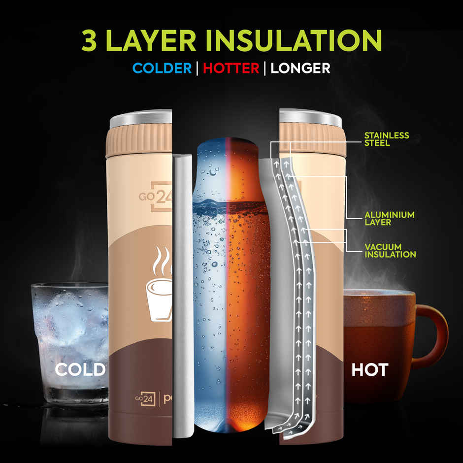 Go24 | Pexpo Vacuum Insulated UV Bottle, Stainless Steel Hot & Cold Flask | Brown
