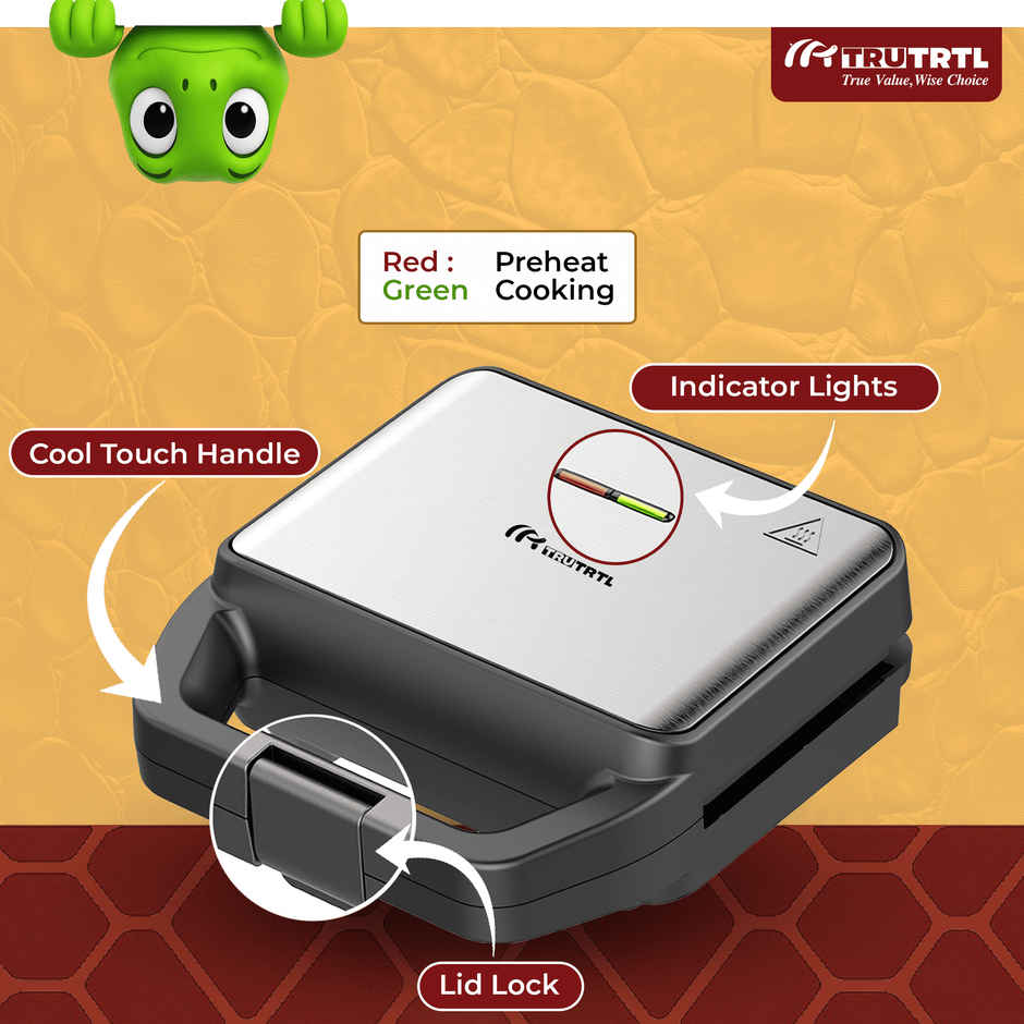 truTRTL Premium 3-in-1 Sandwich Maker Electric with Detachable Plates| 800W| Silver
